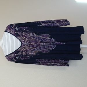 Effortless Style Bohemian Paisley Tunic Bell Sleeves Blue Purple Tan Womens Lg